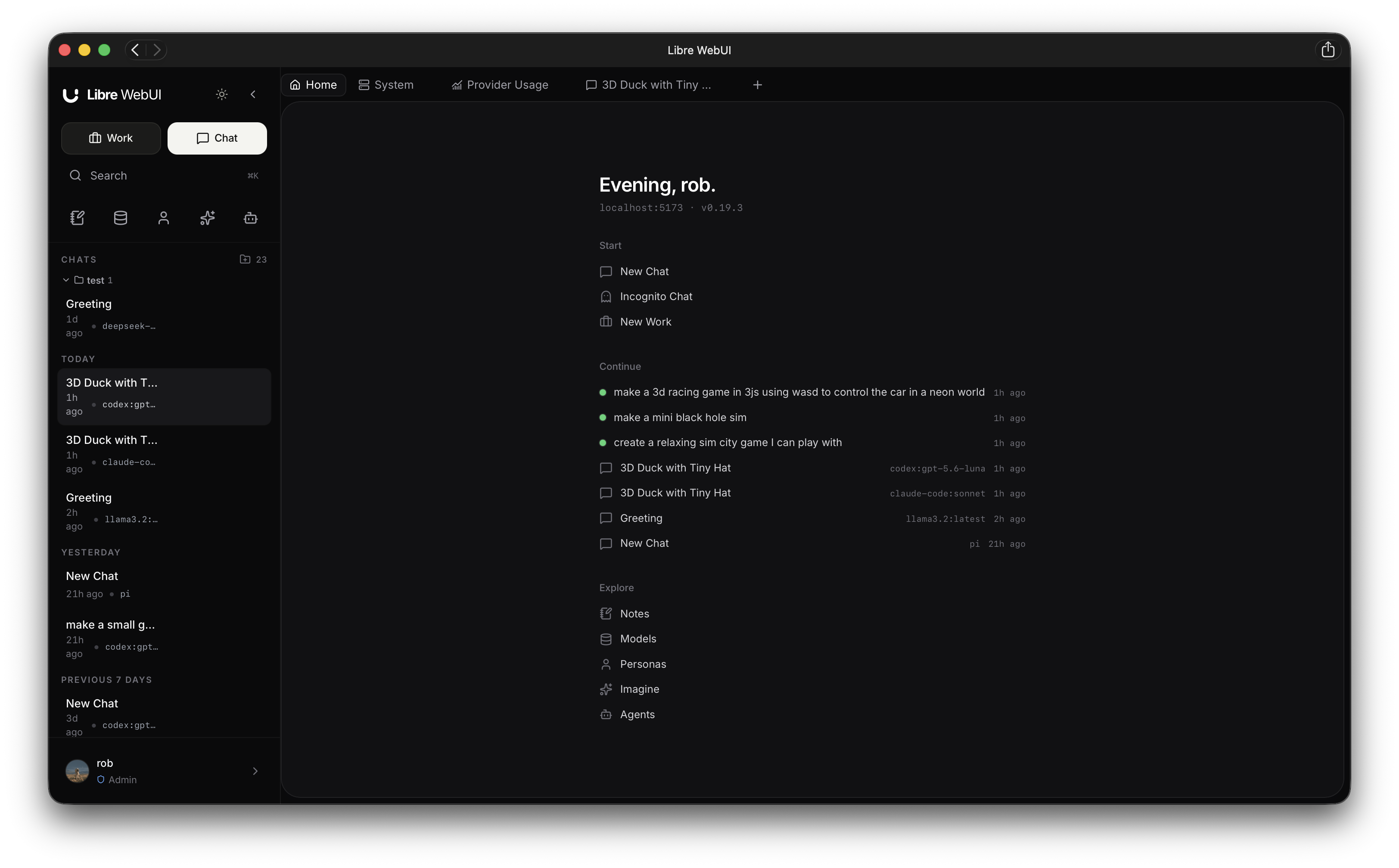 The Libre WebUI workspace: a Home tab listing chats and Work sessions to continue, beside open Work and chat tabs.