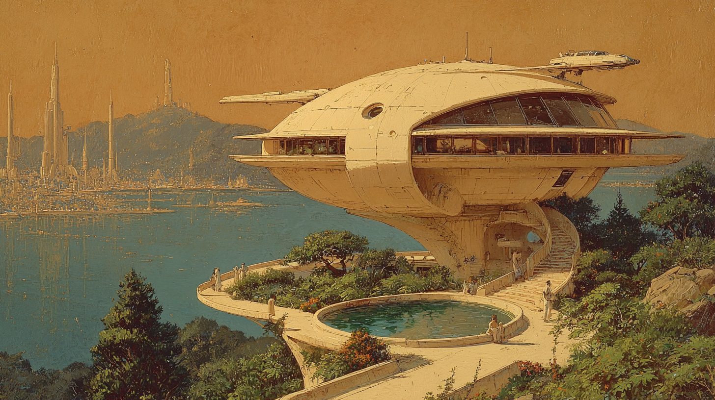 A self-sufficient pavilion on a headland, its own terraces and pool below, a single curving path leading away toward a distant city across the water.